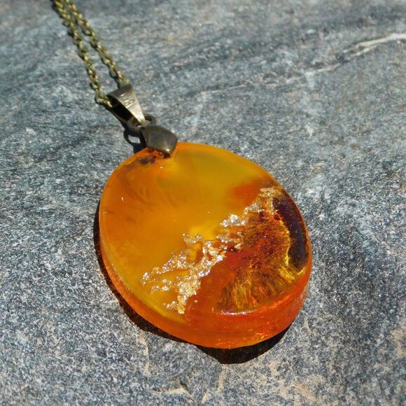 Handmade Orange Sunset Gold Leaf Oval Resin Cast Pendant Necklace - Picture 10 of 10
